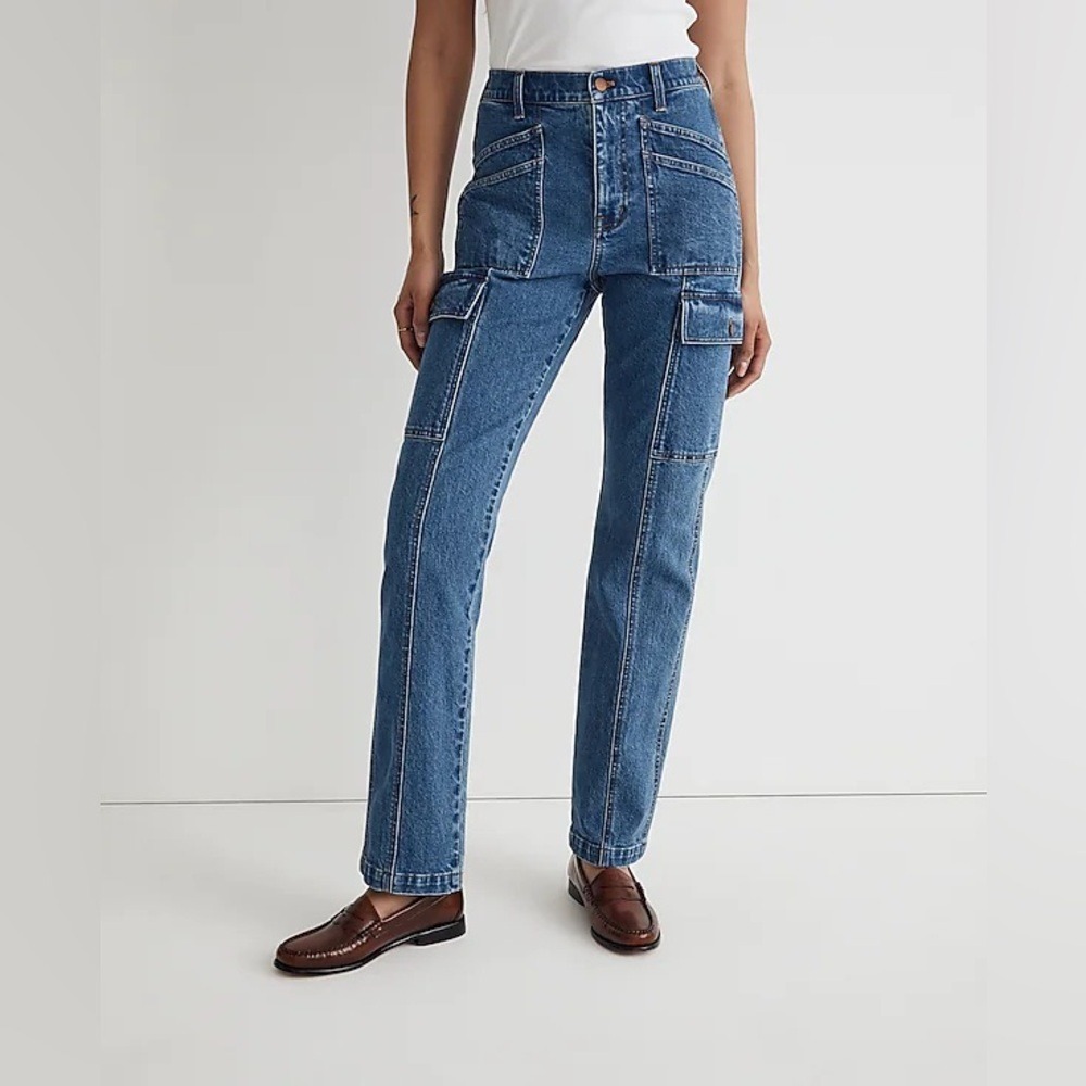 Madewell 90s Straight Cargo Jeans Women's‎ Size 27 Blue Denim High Rise Pockets